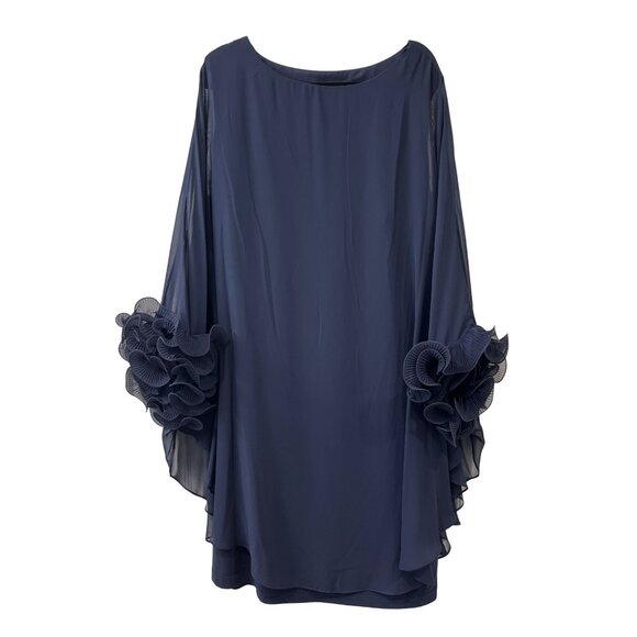 Xscape Navy Blue Dress Size 22W Ruffle Sleeve Sheer Overlay Evening Gown - Picture 3 of 8